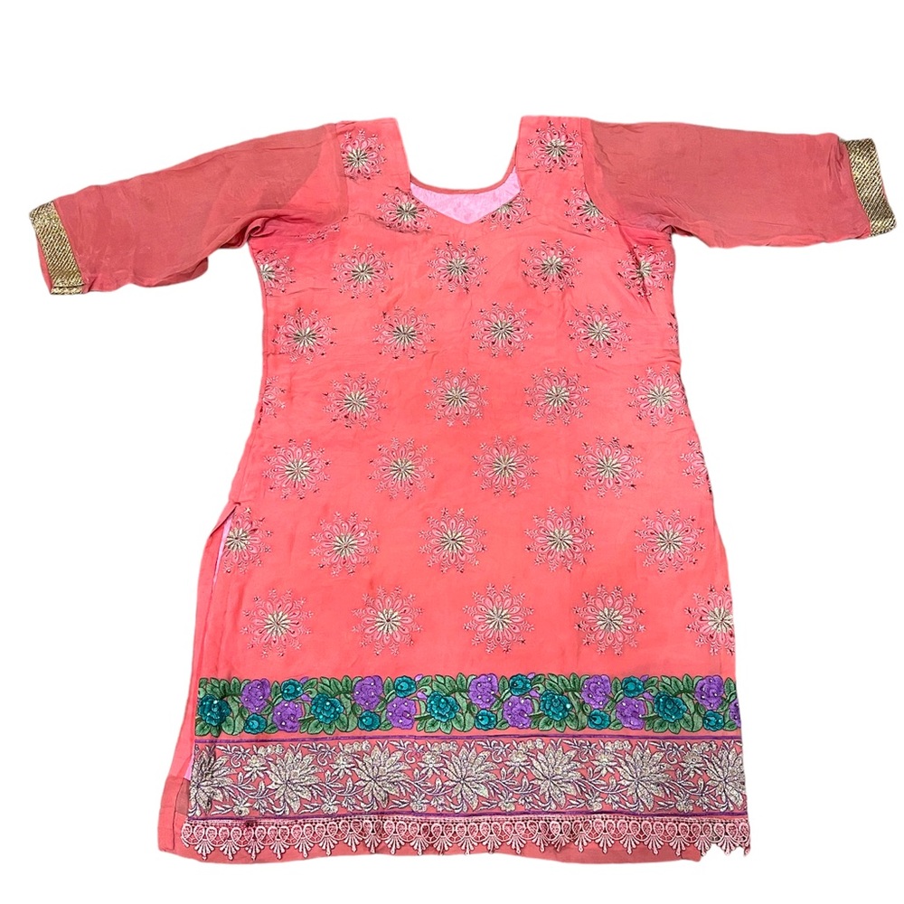 Handmade Indian Kurti Pink Beaded Embroidered Lace Tunic Top Size L